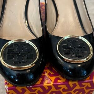 Tory Burch Black Patent Heels with Gold Accents